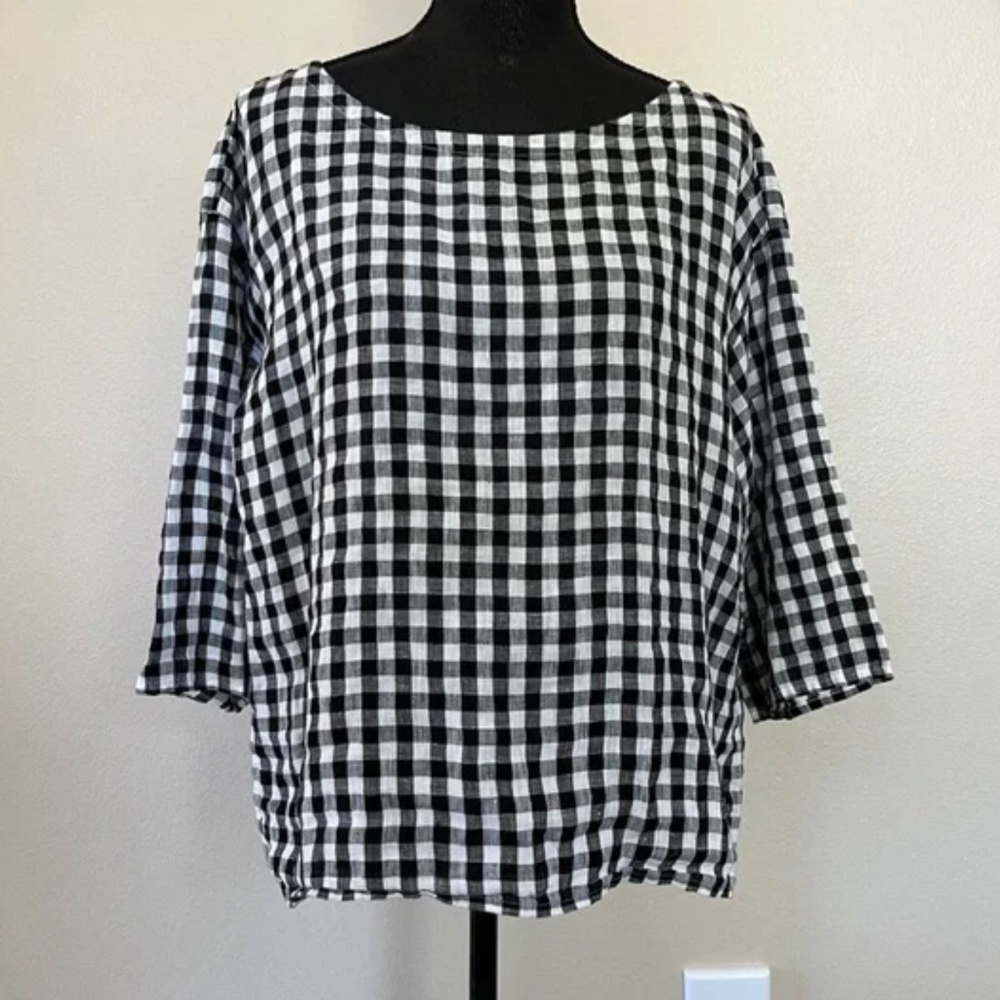 EILEEN Fisher Organic Linen Gingham Plaid 3/4 Sleeve Boatneck Blouse Small